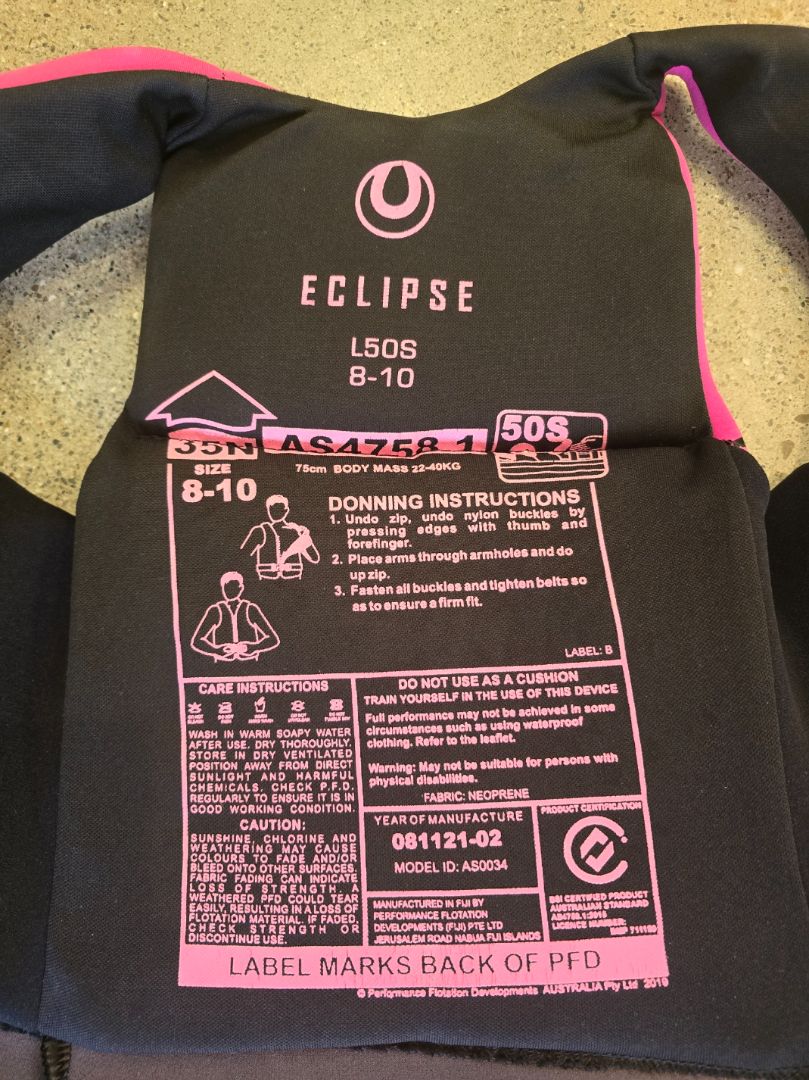 Black / Pink Eclipse Kids Lifejacket, 8 - 10 Youth