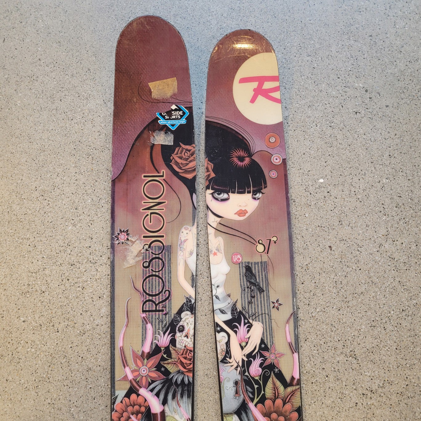 pink / purple floral Rossignol Skis, 178 cm
