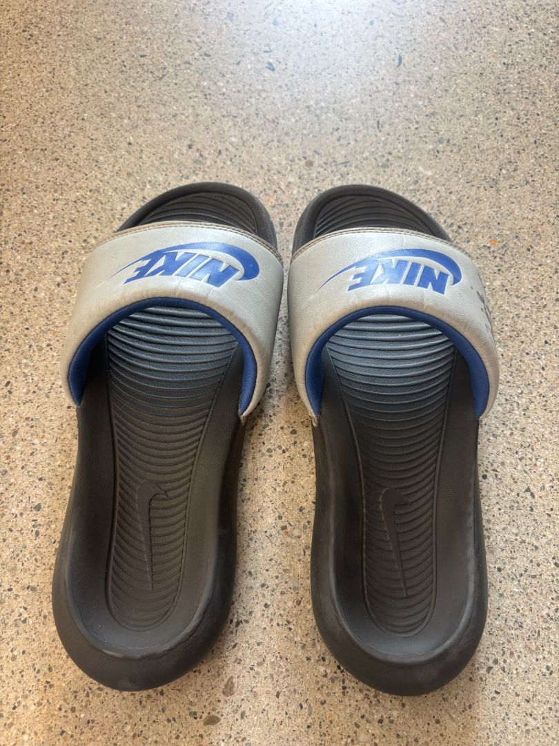 Grey/Black/Blue Nike Benassi Slides, Approx. US 9–10