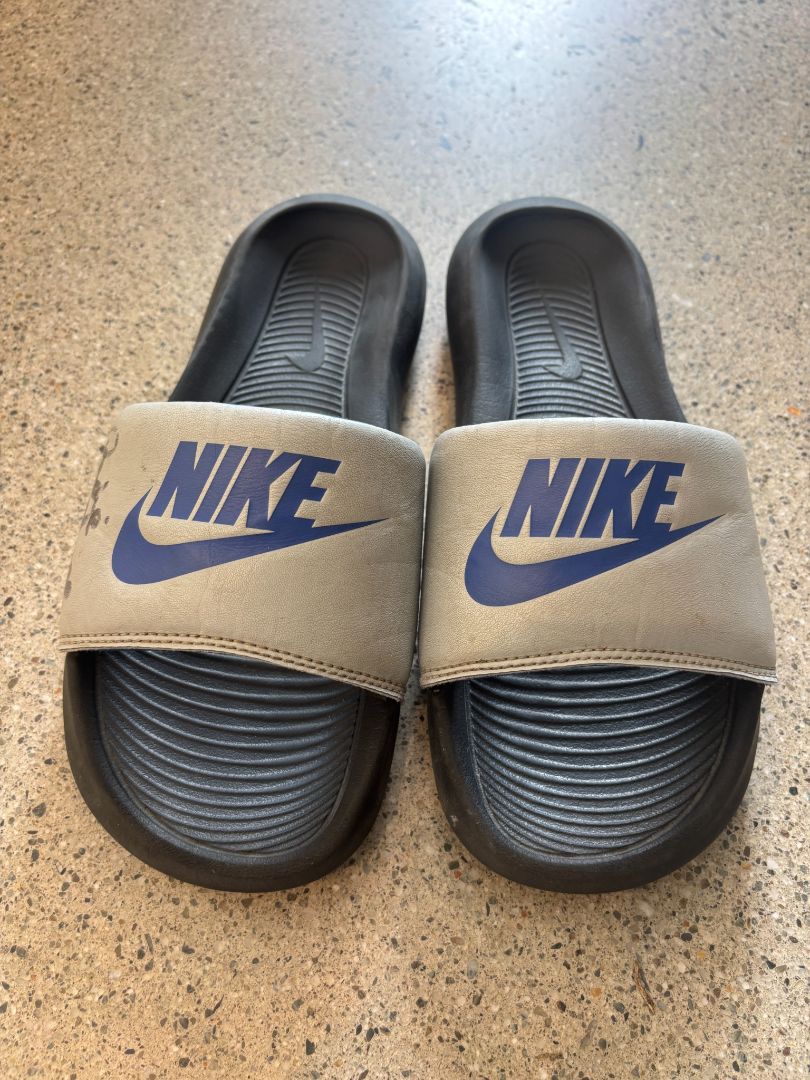 Grey/Black/Blue Nike Benassi Slides, Approx. US 9–10