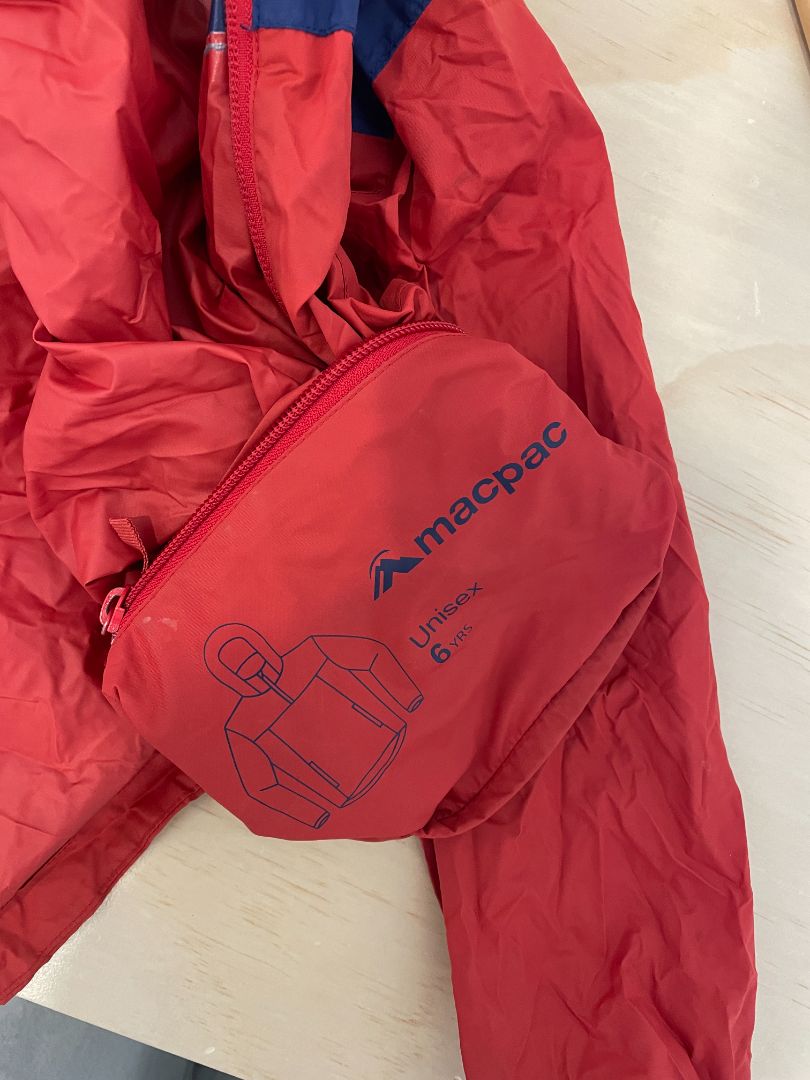 Red Macpac Packable rain jacket, 6 years