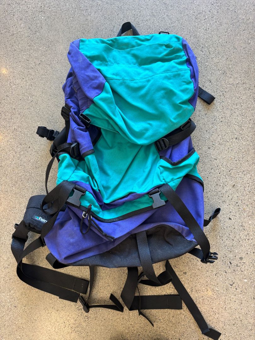 Teal / Purple Fairydown tramping pack, 65L