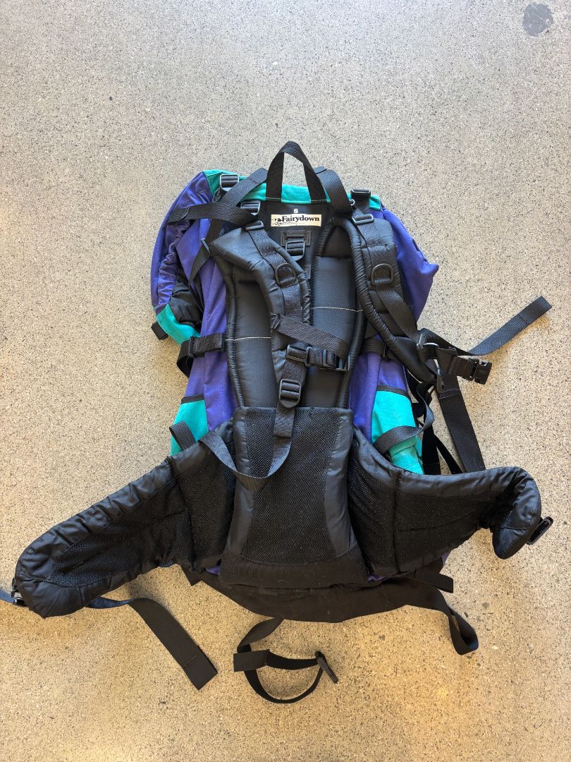 Teal / Purple Fairydown tramping pack, 65L