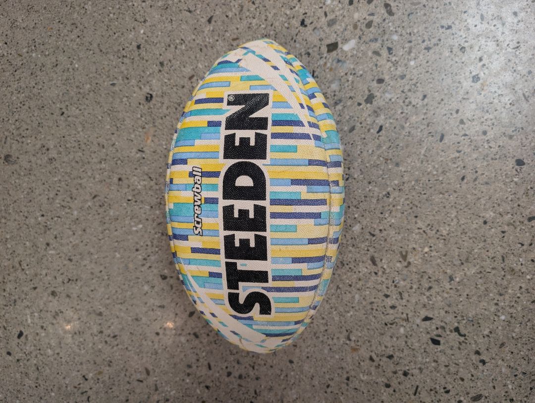 Blue/Yellow/White Steeden Screwball Rugby Ball, 5