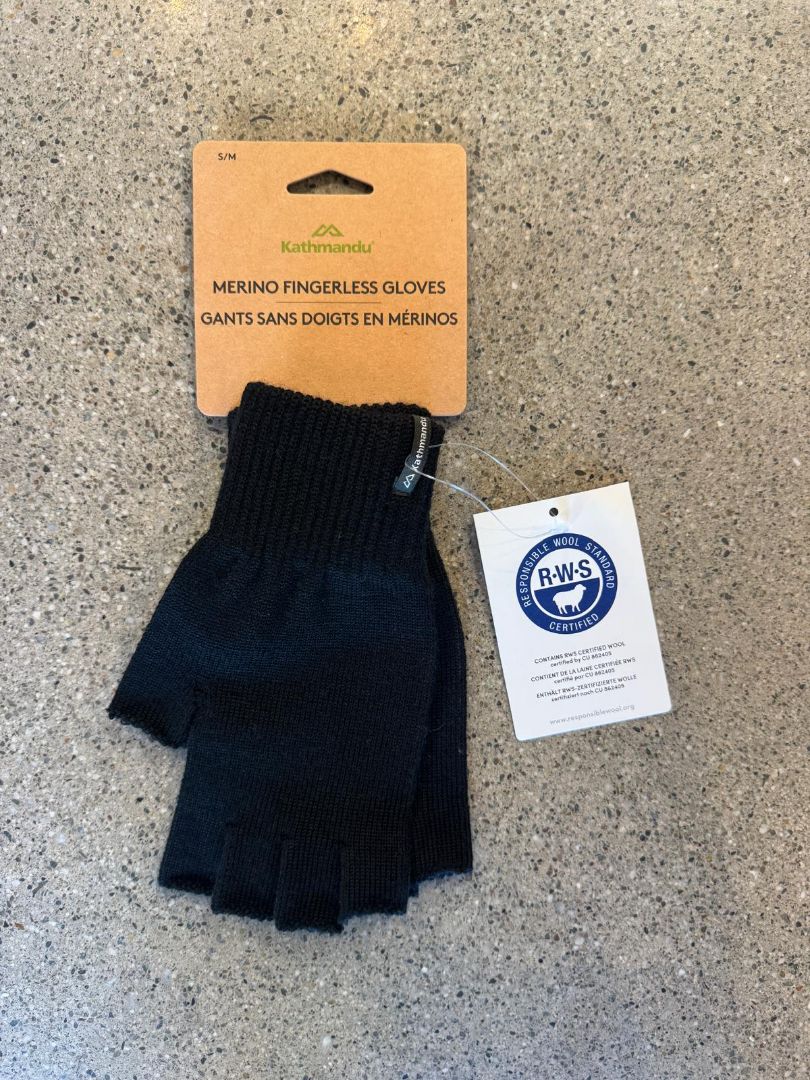 Black Kathmandu Merino Fingerless Gloves, S/M